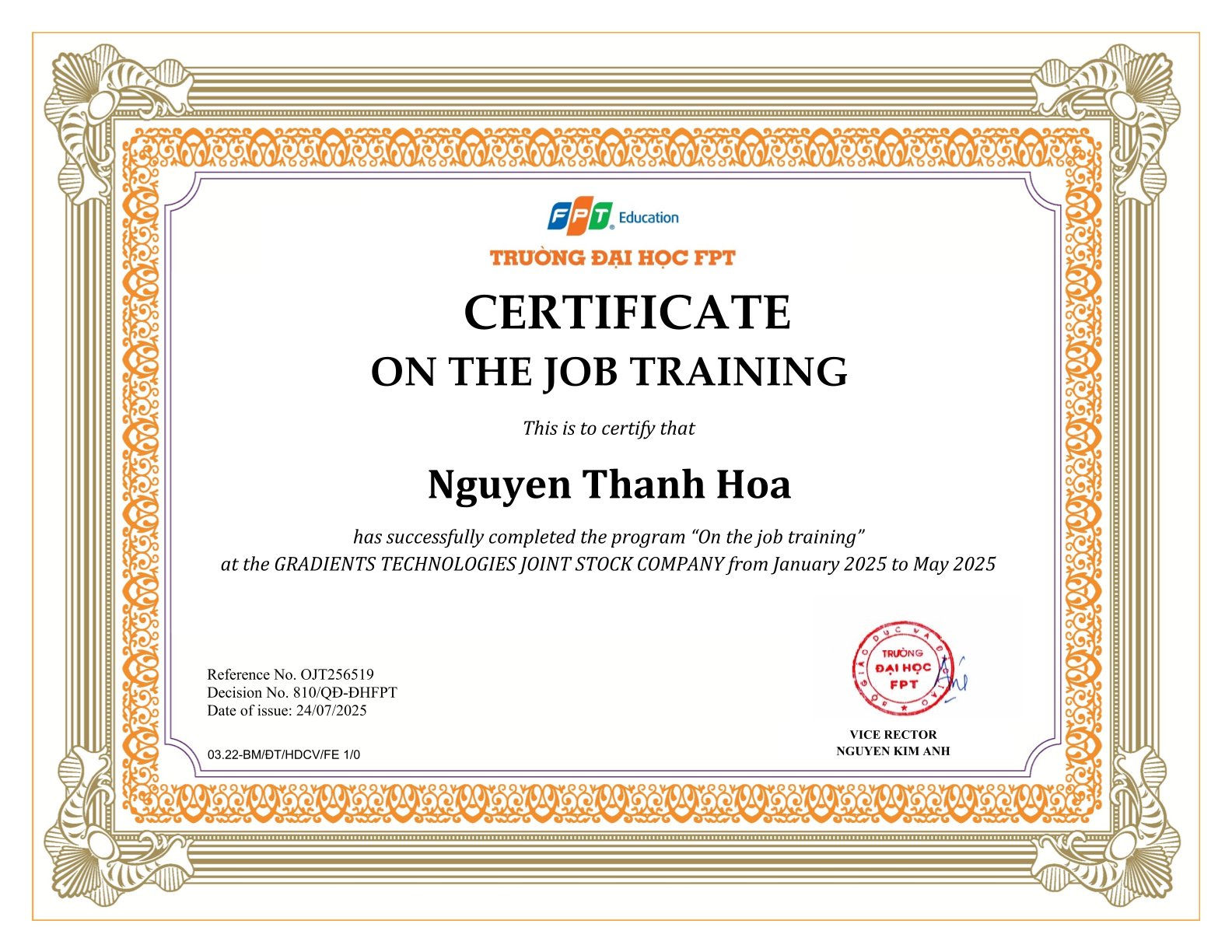 On The Job Training Certificate