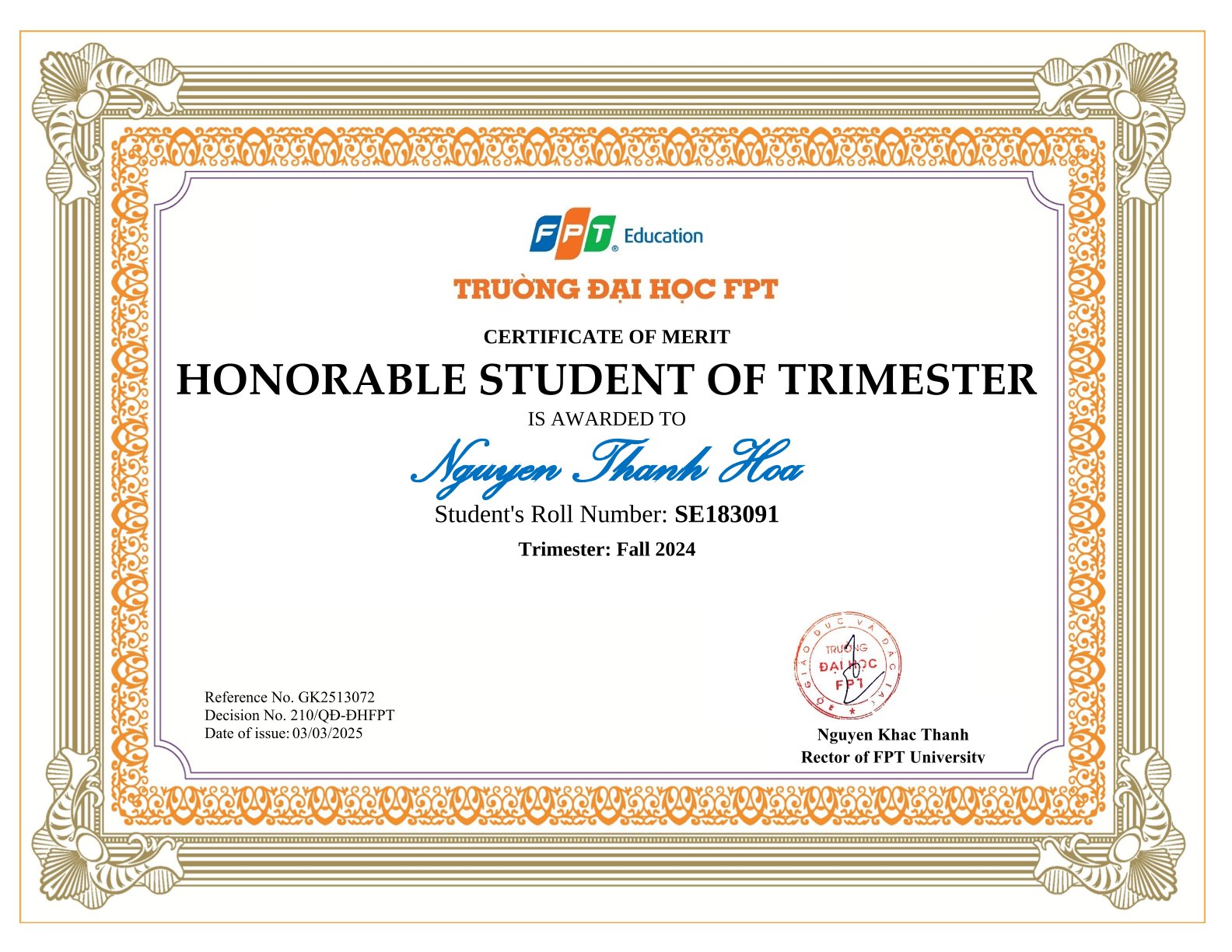 Honorable Student of Trimester - Fall 2024